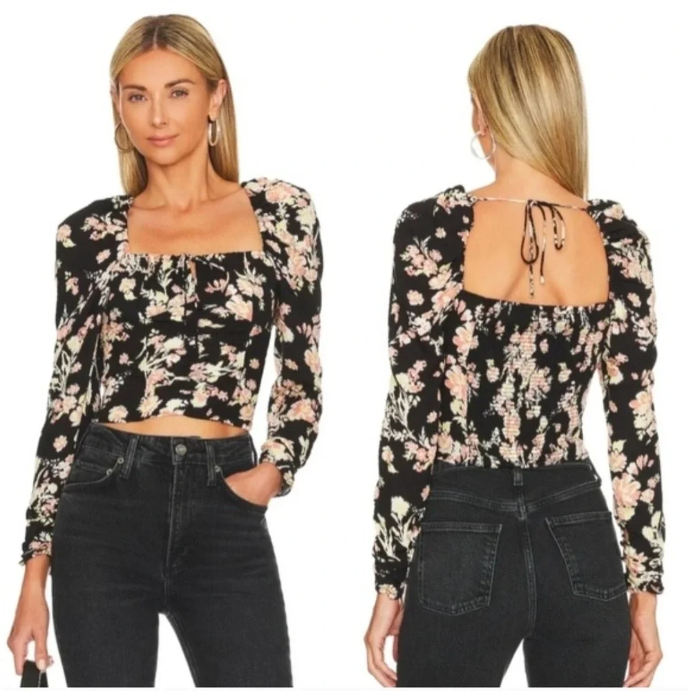 NWT Free People Black Floral Puff Sleeve Smocked Crop Top‎ Tie Back Size M Boho